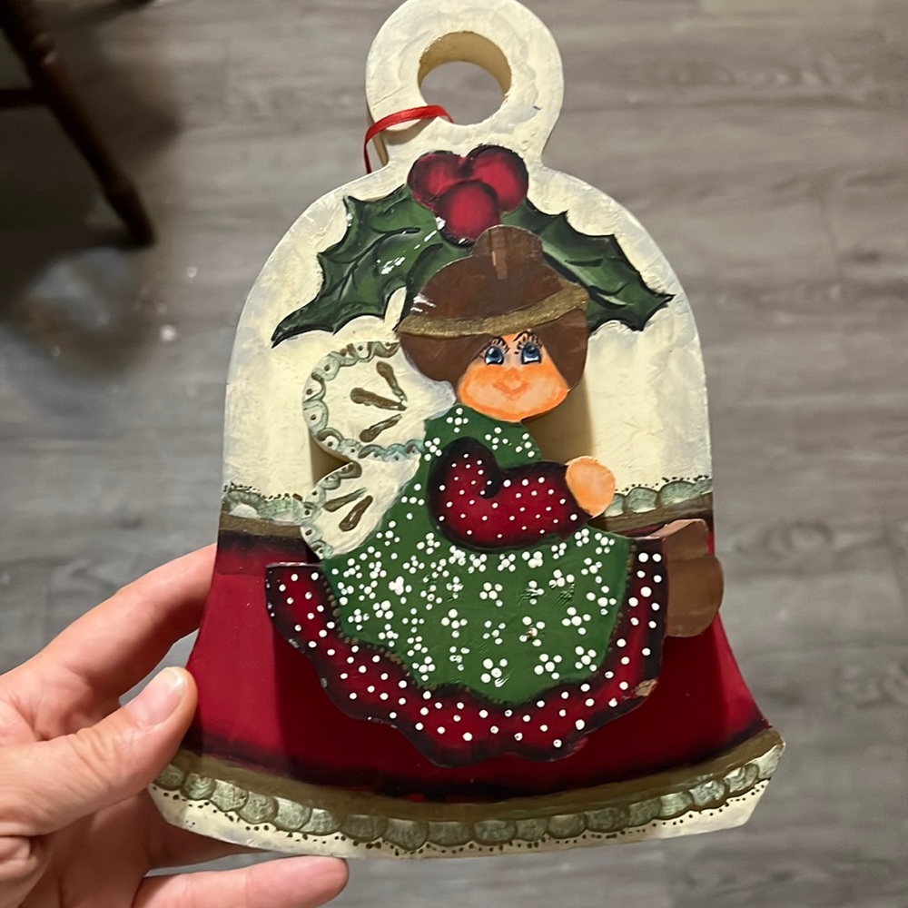 Vintage Wooden Christmas Bell With Angel Hand Painted Hanging Joy Hand Crafted